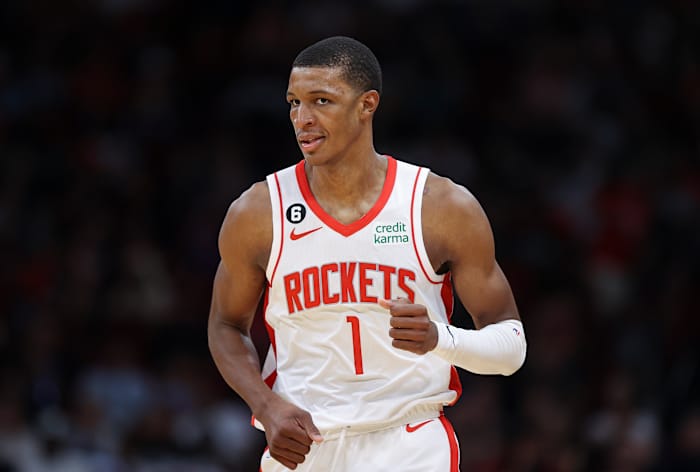 Oct 2, 2022; Houston, Texas, USA; Houston Rockets forward Jabari Smith Jr. (1) reacts after making a basket during the third quarter against the San Antonio Spurs at Toyota Center. Mandatory Credit: Troy Taormina-USA TODAY Sports